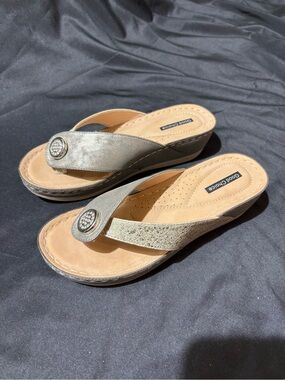 Good Chic Metallic Silver Rhinestone Wedge Thong Sandals
